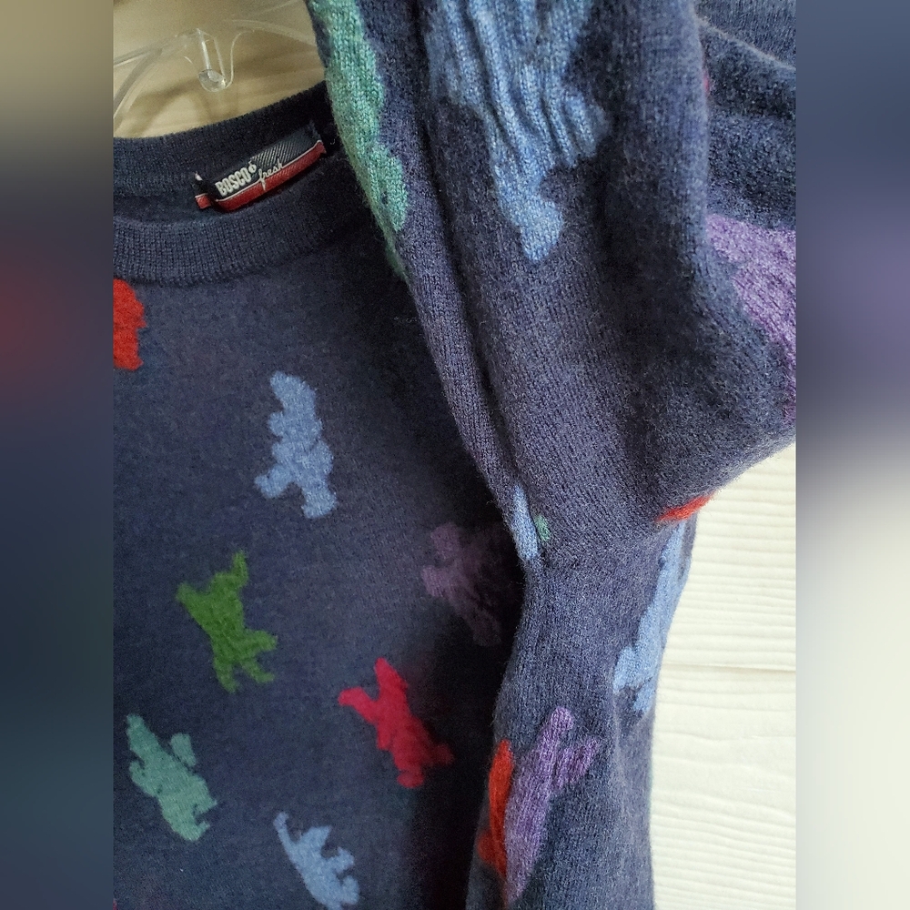 Bosco Fresh 100% Wool Multicolored Graphic Dino Pattern Navy Crewneck Sweater - Picture 7 of 14